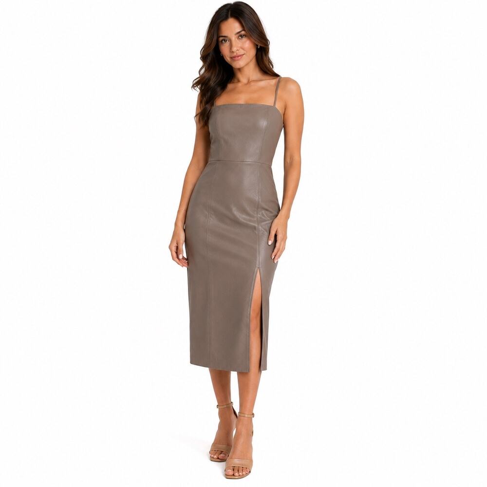 Express Body Contour Taupe Faux Leather Midi Dress Front Slit Sz XS